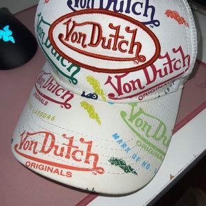 Von Dutch hat in white with different color wording